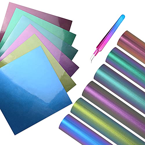 EHDIS Vinilo Textil - 6 pcs 12" x 12", Vinilo A dhesivo Para Camisetas, Apto para cualquier máquina de corte, Vinilo Textil Termoadhesivo con pinzas, Chameleon