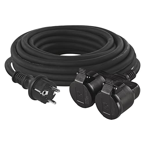 Emos H07RR-F3G - Cable alargador con 2 enchufes Schuko (10 m, Doble alargador, 2 Conectores Hembra, Cable de Goma para Exteriores, IP44, 1,5 mm2)