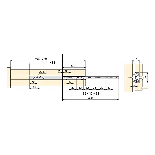 EMUCA - Guías correderas con rodamiento de Bolas para cajones, guías de extracción Parcial para cajonera, 17mm x 438mm, Lote de 5 Juegos