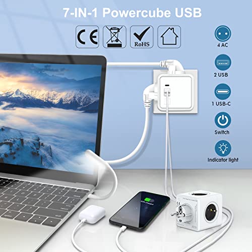 Enchufe USB Cubo Enchufes Regleta 7 en 1 Ladron Enchufes on 4 Tomas de CA, 2 Puertos USB y Type C, Cube Multiple Pared con Interruptor, USB Enchufe Cubo Powercube para Hogar Oficina Viajes