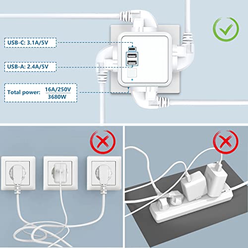 Enchufe USB Cubo Enchufes Regleta 7 en 1 Ladron Enchufes on 4 Tomas de CA, 2 Puertos USB y Type C, Cube Multiple Pared con Interruptor, USB Enchufe Cubo Powercube para Hogar Oficina Viajes