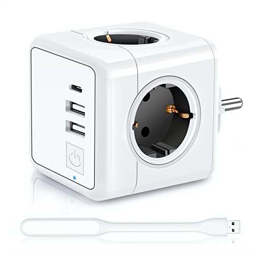 Enchufe USB Cubo Enchufes Regleta 7 en 1 Ladron Enchufes on 4 Tomas de CA, 2 Puertos USB y Type C, Cube Multiple Pared con Interruptor, USB Enchufe Cubo Powercube para Hogar Oficina Viajes