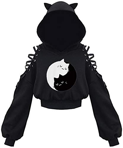 EUDOLAH Sudadera Corta Ligera Chica Mujer con Capucha Orejas De Gato y Hombros Abiertos y Cintas(S,A-Gatos de Tai Chi)