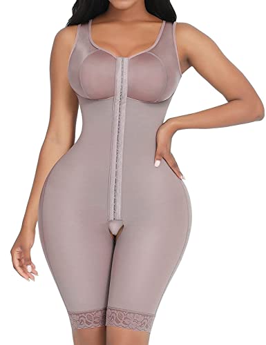 FeelinGirl Mujeres Shapewear de Cuerpo Overbust Faja Adelgazante Arriba de Busto Corset Reductor Lumbar con Ganchos Cremallera Body Shaper Talla Grande Marrón Largo L/ES 42-44