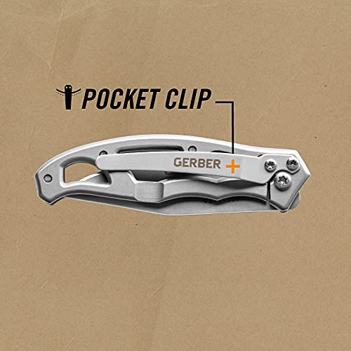 Gerber Navaja plegable de bolsillo con hoja lisa y clip de bolsillo, Longitud de la hoja 5.6 cm, Paraframe Mini Folding Clip Knife, Acero inoxidable, 31-003618