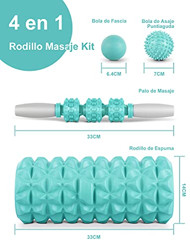 Glymnis Rodillo Masaje Muscular Foam Roller Masajes Muscular 4 en 1 con 1 Rodillo de Espuma 1 Palo de Masaje y 2 Bolas de Masaje para Relajar los músculos Reducir el Dolor del Cuerpo Verde Menta