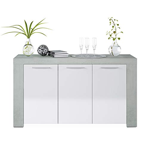 Habitdesign Aparador, Buffet Moderno, Armario Auxiliar Comedor, Modelo Ambit, Color Blanco Artik y Gris Cemento, Medidas: 144 cm (Ancho) x 80 cm (Alto) x 42 cm (Fondo)