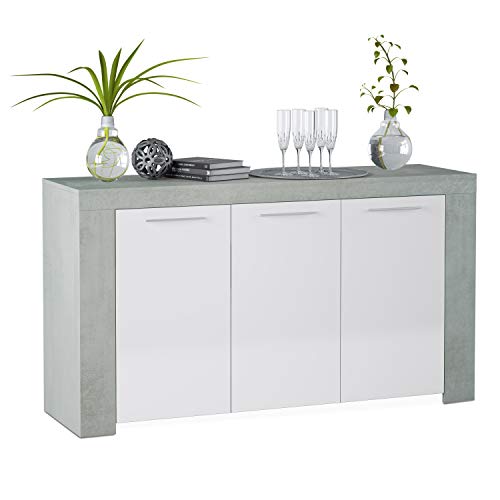 Habitdesign Aparador, Buffet Moderno, Armario Auxiliar Comedor, Modelo Ambit, Color Blanco Artik y Gris Cemento, Medidas: 144 cm (Ancho) x 80 cm (Alto) x 42 cm (Fondo)