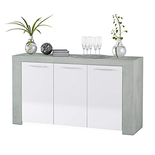 Habitdesign Aparador, Buffet Moderno, Armario Auxiliar Comedor, Modelo Ambit, Color Blanco Artik y Gris Cemento, Medidas: 144 cm (Ancho) x 80 cm (Alto) x 42 cm (Fondo)