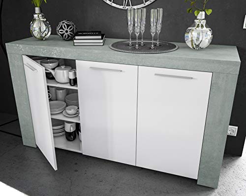 Habitdesign Aparador, Buffet Moderno, Armario Auxiliar Comedor, Modelo Ambit, Color Blanco Artik y Gris Cemento, Medidas: 144 cm (Ancho) x 80 cm (Alto) x 42 cm (Fondo)