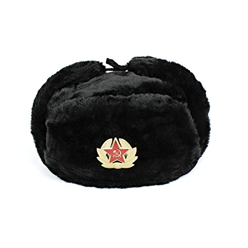 Heka Naturals Ushanka Negro, Gorro Militar Ruso con Orejeras e Insignia Soviética Extraíble, Gorro de Invierno, Genial Regalo de la URSS | Negro, 58 cm