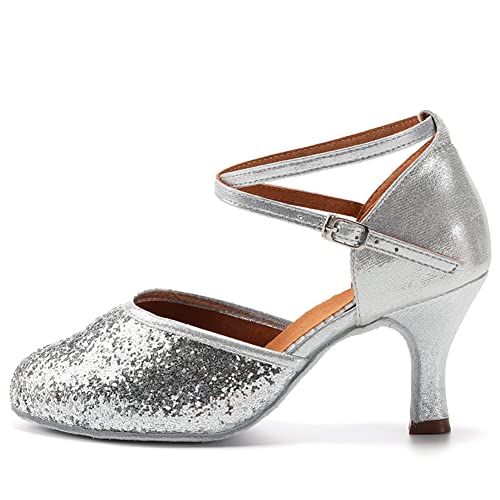 HIPPOSEUS Zapatos de Baile Latino para Mujer Lentejuelas Plateados Punta Cerrada Salón de Baile Salsa Tango Zapatos de Baile,37 EU