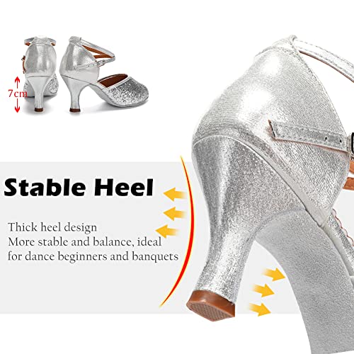 HIPPOSEUS Zapatos de Baile Latino para Mujer Lentejuelas Plateados Punta Cerrada Salón de Baile Salsa Tango Zapatos de Baile,37 EU