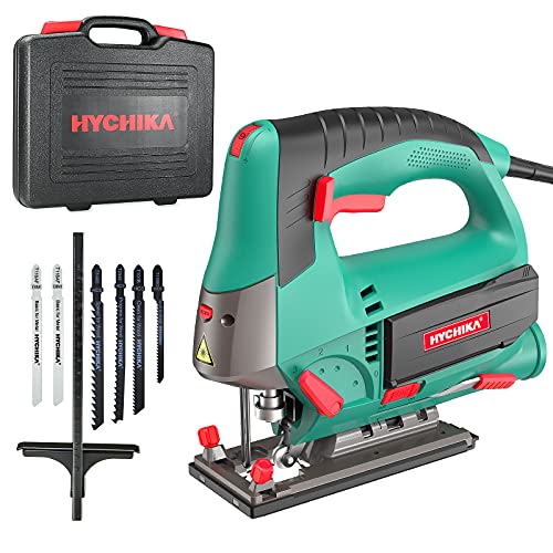 HYCHIKA Sierra de Calar 800W, Corte en Madera: 110mm, 800W 800-3000SPM, Velocidad Ajustable (1-6), 4 Modos de Corte, Corte -45º a 45º, Caja Magnética de Hoja, Cortar Madera Metal Plástico