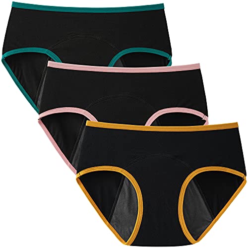 INNERSY Bragas Menstruales Protección de Ropa Interior Niña para Período Algodón Pack de 3(14-16 Años, 3 Negro)