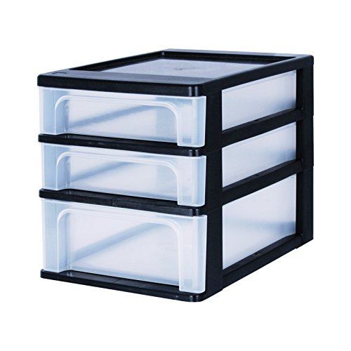 Iris Ohyama, Torre de Almacenamiento, Organizador, 3 Cajones (2 x 4 L + 1 x 7 L), Tamaño A4, Cajones Transparentes, Oficina, Sala de Estar - Organizer Chest Och-2021 - Negro