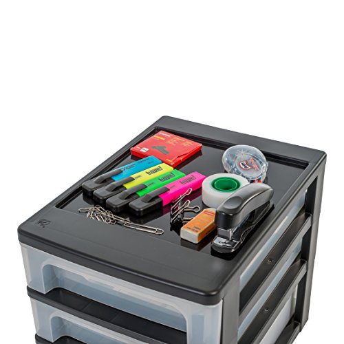 Iris Ohyama, Torre de Almacenamiento, Organizador, 3 Cajones (2 x 4 L + 1 x 7 L), Tamaño A4, Cajones Transparentes, Oficina, Sala de Estar - Organizer Chest Och-2021 - Negro