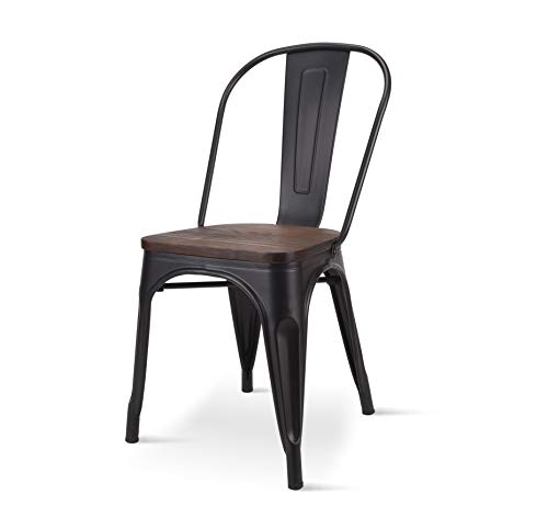 KOSMI Lote de 4 sillas de estilo industrial negro y madera industrial en metal negro mate y asiento de madera oscura