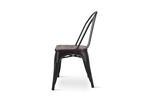 KOSMI Lote de 4 sillas de estilo industrial negro y madera industrial en metal negro mate y asiento de madera oscura