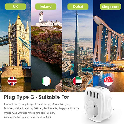 LENCENT Adaptador Enchufe UK, Adaptador de Viaje del Inglaterra [3 Puertos USB+1 Tipo C], Europa español 2-Pin a 3-Pin GB Gran Bretaña para Escocia, Irlanda, Gales, Maldivas, Gran Bretaña (Tipo G)