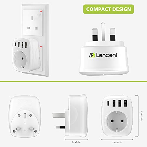 LENCENT Adaptador Enchufe UK, Adaptador de Viaje del Inglaterra [3 Puertos USB+1 Tipo C], Europa español 2-Pin a 3-Pin GB Gran Bretaña para Escocia, Irlanda, Gales, Maldivas, Gran Bretaña (Tipo G)