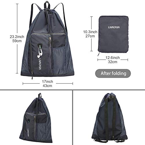 LIVACASA Mochila de Cuerdas Mochila Deportiva Natación con cordón Forro Impermeable Bolsillo de Malla Grande Bolsa de Cuerdas Gimnasio Secado Rápido Plegable Ajustable Correas de Hombro Gris