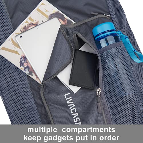 LIVACASA Mochila de Cuerdas Mochila Deportiva Natación con cordón Forro Impermeable Bolsillo de Malla Grande Bolsa de Cuerdas Gimnasio Secado Rápido Plegable Ajustable Correas de Hombro Gris