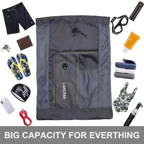 LIVACASA Mochila de Cuerdas Mochila Deportiva Natación con cordón Forro Impermeable Bolsillo de Malla Grande Bolsa de Cuerdas Gimnasio Secado Rápido Plegable Ajustable Correas de Hombro Gris