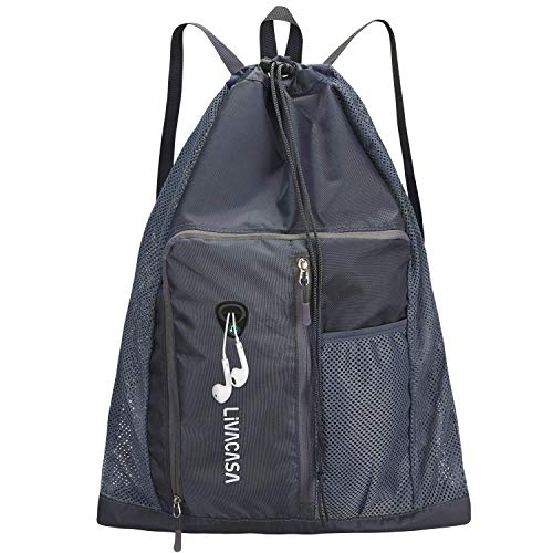 LIVACASA Mochila de Cuerdas Mochila Deportiva Natación con cordón Forro Impermeable Bolsillo de Malla Grande Bolsa de Cuerdas Gimnasio Secado Rápido Plegable Ajustable Correas de Hombro Gris