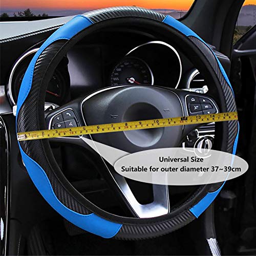 LMYDIDO Funda de cuero para volante de coche, antideslizante, transpirable, fibra de carbono, banda elástica deportiva sin anillo interior, cubierta para volante, tamaño universal, 37 – 39 cm (Azul)