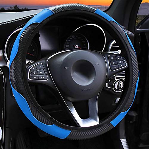 LMYDIDO Funda de cuero para volante de coche, antideslizante, transpirable, fibra de carbono, banda elástica deportiva sin anillo interior, cubierta para volante, tamaño universal, 37 – 39 cm (Azul)