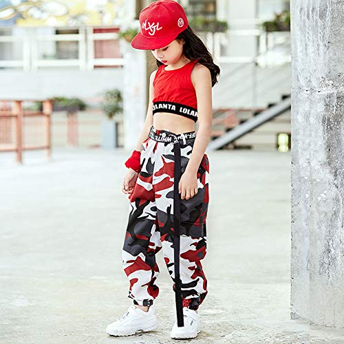 LOLANTA 2 Piezas Niñas Hip Hop Street Dance Solo Ropa Set Crop Tank Top+Camuflaje Jogger Pantalones, Rojo, 150