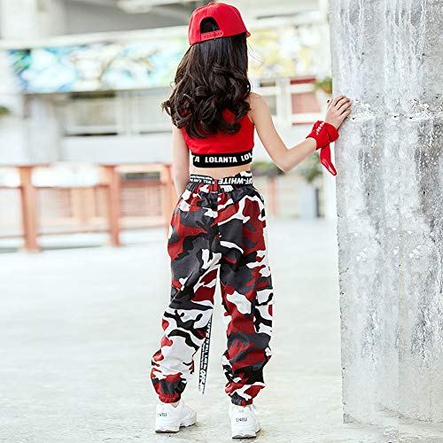 LOLANTA 2 Piezas Niñas Hip Hop Street Dance Solo Ropa Set Crop Tank Top+Camuflaje Jogger Pantalones, Rojo, 150