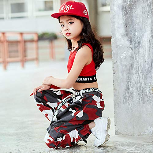 LOLANTA 2 Piezas Niñas Hip Hop Street Dance Solo Ropa Set Crop Tank Top+Camuflaje Jogger Pantalones, Rojo, 150