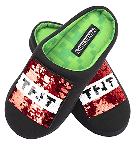 Minecraft - Pantuflas Negras para Niños - Pantuflas de Minecraft con Lentejuelas Reversibles - Diseño del Creeper de Minecraft y Caja de TNT - Pantuflas para Niños Talla UK 1/EUR 33, Edad 8