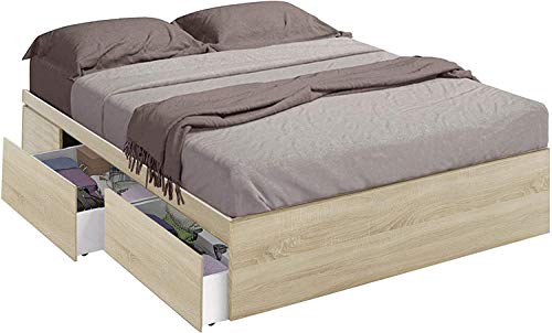 Mobelcenter – Cama con 4 cajones Kendra para colchones de 150x190 cm - Cama de Matrimonio Acabado Color Roble Canadian – Medidas: Ancho: 156 cm x Fondo: 196 cm x Alto: 37 cm (Roble Canadian) - (1104)