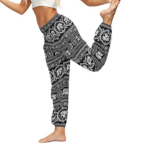 Nuofengkudu Mujer Hippies Yoga Pantalones Harem Baggy Tailandeses Boho Estampados Bolsillos Cintura Alta Baggy Pilates Pants Verano Playa Fiesta(X-Negro Elefante,Talla única)