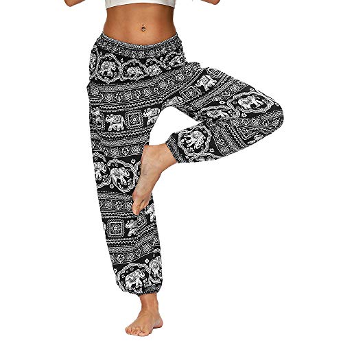 Nuofengkudu Mujer Hippies Yoga Pantalones Harem Baggy Tailandeses Boho Estampados Bolsillos Cintura Alta Baggy Pilates Pants Verano Playa Fiesta(X-Negro Elefante,Talla única)