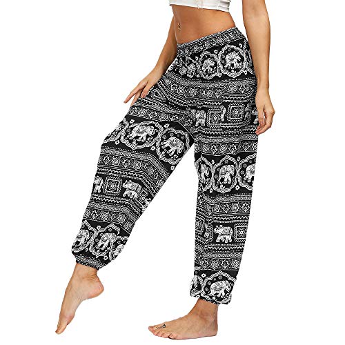 Nuofengkudu Mujer Hippies Yoga Pantalones Harem Baggy Tailandeses Boho Estampados Bolsillos Cintura Alta Baggy Pilates Pants Verano Playa Fiesta(X-Negro Elefante,Talla única)