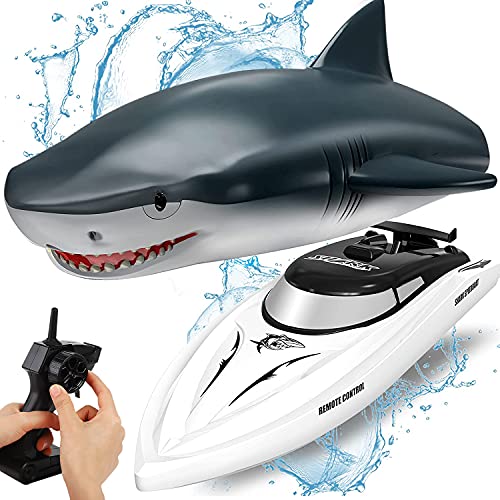 OBEST RC Juguete Barco 2.4GHZ Control Remoto TiburóN Barco, 2 en 1 Flexibles TiburóN/Lancha RáPida, Juguete EléCtrico Shark de Piscina Agua para NiñOs