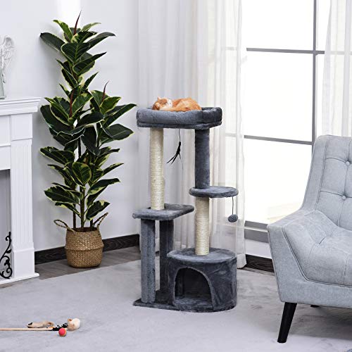 PawHut Árbol para Gatos Multi-Niveles Torre de Gato con 1 Habitación 2 Plataformas Poste Rascador Sisal Tejido 48x35x100 cm Gris