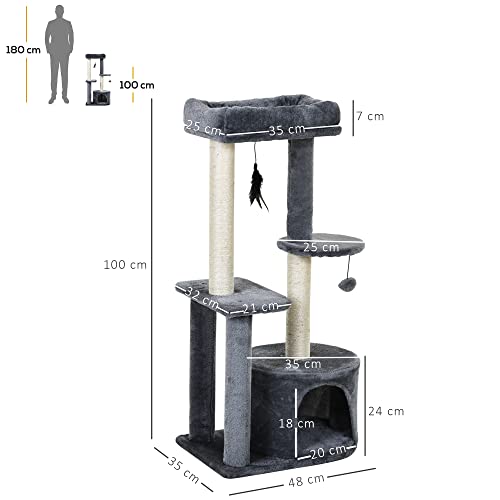 PawHut Árbol para Gatos Multi-Niveles Torre de Gato con 1 Habitación 2 Plataformas Poste Rascador Sisal Tejido 48x35x100 cm Gris