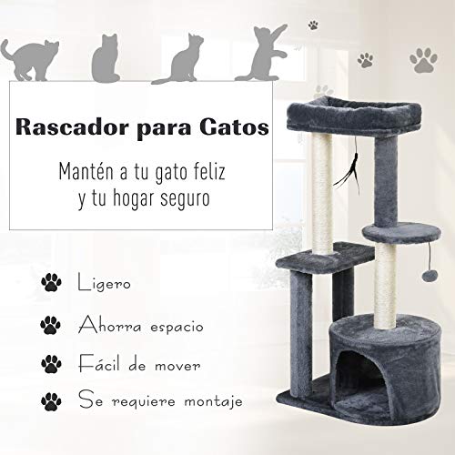 PawHut Árbol para Gatos Multi-Niveles Torre de Gato con 1 Habitación 2 Plataformas Poste Rascador Sisal Tejido 48x35x100 cm Gris