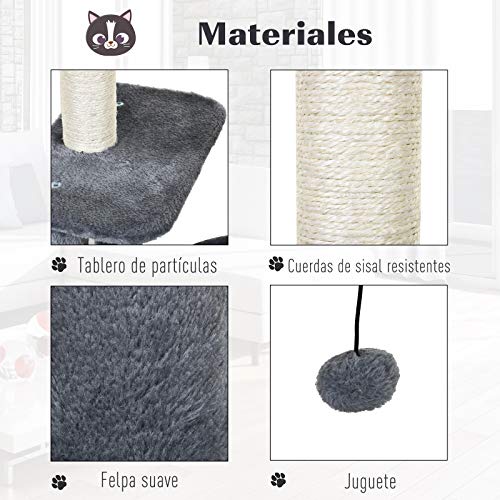 PawHut Árbol para Gatos Multi-Niveles Torre de Gato con 1 Habitación 2 Plataformas Poste Rascador Sisal Tejido 48x35x100 cm Gris