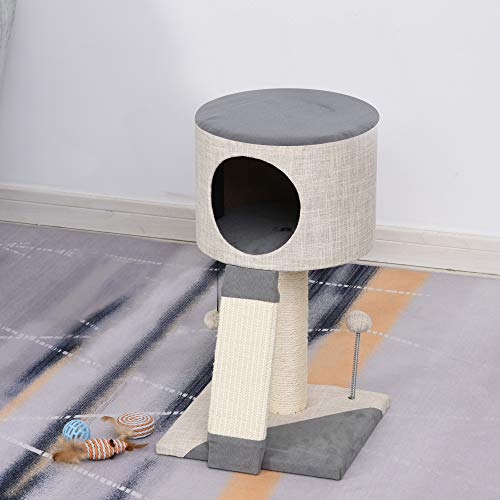 Pawhut Árbol para Gatos Torre de Gatos con Bola Colgante Cueva Compacta Poste Rascador Tablero de Rascado Plataforma Inferior Suave 30x30x50 cm Gris