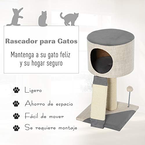 Pawhut Árbol para Gatos Torre de Gatos con Bola Colgante Cueva Compacta Poste Rascador Tablero de Rascado Plataforma Inferior Suave 30x30x50 cm Gris