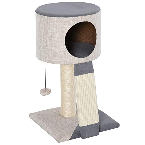 Pawhut Árbol para Gatos Torre de Gatos con Bola Colgante Cueva Compacta Poste Rascador Tablero de Rascado Plataforma Inferior Suave 30x30x50 cm Gris