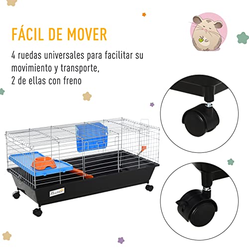 Pawhut Jaula para Roedores Pequeños con Ruedas Hábitat para Hurones Conejillo de Indias con Comedero Bebedero Rampa y Techo Abrible 89x44x43 cm Negro