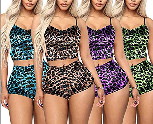 Pijamas Mujer Lencería 2 Piezas Conjunto de Ropa de Dormir Traje de Pijama de Terciopelo Crop Top Corto de Tirantes Camisola y Pantalones Cortos para Mujer (Leopardo, S)