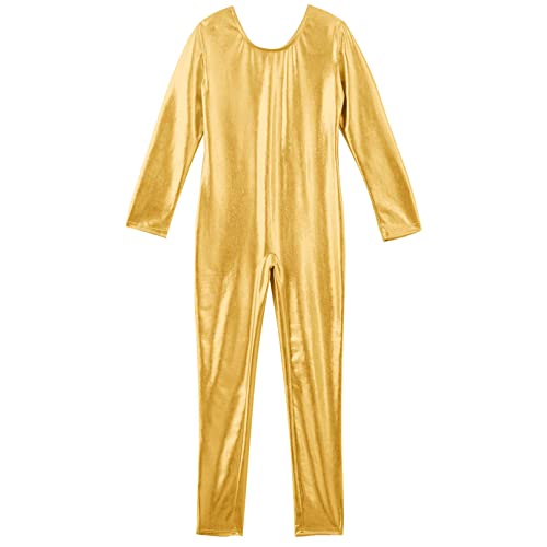 ranrann Body Mono de Danza para Niña Clásica Jumpsuit de Baile Fitness Maillot de Gimnasia Rítmica Elástico Leotardo de Danza Ballet Manga Larga Pantalones Largos Dorado 12 años